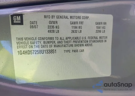 2008 Buick Lucerne Cxl z USA, uszkodzony, nr VIN 1G4HD57258U133851